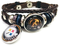 NFL Pittsburgh Steelers Bracelet Circle & Cool Black Helmet Logo Football Fan Brown Leather  W/2 18MM - 20MM Snap Charms