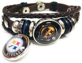 NFL Pittsburgh Steelers Bracelet Circle & Cool Black Helmet Logo Football Fan Brown Leather  W/2 18MM - 20MM Snap Charms