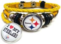 NFL Pittsburgh Steelers Bracelet Love & Circle Logo NFL Football Fan Yellow Leather  W/2 18MM - 20MM Snap Charms
