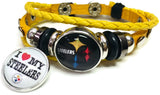 NFL Pittsburgh Steelers Bracelet Love & Cool Black Logo NFL Football Fan Yellow Leather  W/2 18MM - 20MM Snap Charms