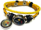 NFL Pittsburgh Steelers Bracelet Smokey & Cool Black Logo NFL Football Fan Yellow Leather  W/2 18MM - 20MM Snap Charms