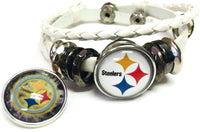 NFL Pittsburgh Steelers Bracelet Snap Logo &  Cool Smokey Logo Football Fan White Leather  W/2 18MM - 20MM Snap Charms