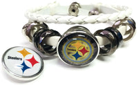 NFL Pittsburgh Steelers Bracelet Snap Logo &  Cool Smokey Logo Football Fan White Leather  W/2 18MM - 20MM Snap Charms