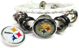 NFL Pittsburgh Steelers Bracelet Snap Logo &  Cool Smokey Logo Football Fan White Leather  W/2 18MM - 20MM Snap Charms