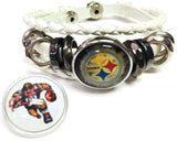 NFL Pittsburgh Steelers Bracelet Game Face &  Cool Smokey Logo Football Fan White Leather  W/2 18MM - 20MM Snap Charms