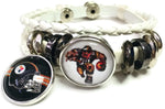 NFL Pittsburgh Steelers Bracelet Game Face &  Helmet Logo Football Fan White Leather  W/2 18MM - 20MM Snap Charms