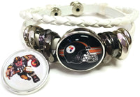 NFL Pittsburgh Steelers Bracelet Game Face &  Helmet Logo Football Fan White Leather  W/2 18MM - 20MM Snap Charms