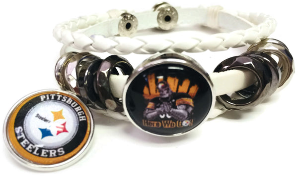 NFL Pittsburgh Steelers Bracelet Steely McBeam &  Circle Logo Football Fan White Leather  W/2 18MM - 20MM Snap Charms