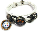 NFL Pittsburgh Steelers Bracelet Steely McBeam &  Circle Logo Football Fan White Leather  W/2 18MM - 20MM Snap Charms