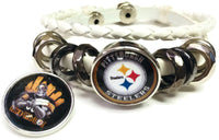 NFL Pittsburgh Steelers Bracelet Steely McBeam &  Circle Logo Football Fan White Leather  W/2 18MM - 20MM Snap Charms