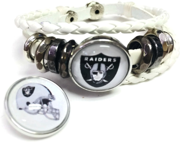 NFL Oakland Raiders White Leather Bracelet W/2 Shield Helmet Logo Snap Jewelry Charms New Item