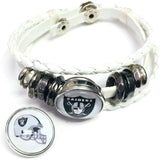 NFL Oakland Raiders White Leather Bracelet W/2 Shield Helmet Logo Snap Jewelry Charms New Item
