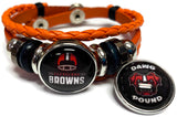 NFL Cleveland Browns Orange Leather Bracelet W/2 Football Logo Helmet Snap Jewelry Charms New Item