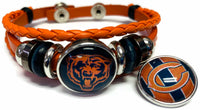NFL Chicago Bears Orange Leather Bracelet W/2 Football Logo Snap Jewelry Charms New Item