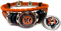 NFL Cincinnati Bengals Tiger Orange Leather Bracelet W/2 Football Logo Snap Jewelry Charms New Item