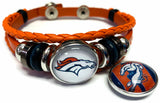 NFL Denver Broncos Orange Leather Bracelet W/2 Football Stripe Logo Snap Jewelry Charms New Item