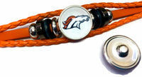 NFL Denver Broncos Orange Leather Bracelet W/2 Football Stripe Logo Snap Jewelry Charms New Item