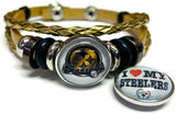 NFL Pittsburgh Steelers Gold Leather Bracelet W/2 Cool Football Logo Snap Jewelry Charms New Item