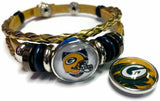 NFL Green Bay Packers Gold Leather Bracelet W/2 Cool Football Logo Snap Jewelry Charms New Item