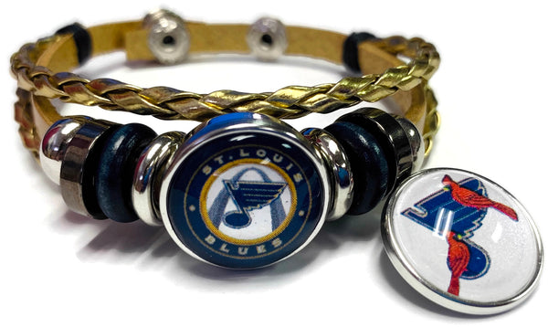 MLB NHL St Louis Cardinals & Blues Gold Leather Bracelet w/2 Logo Snap Jewelry Charms