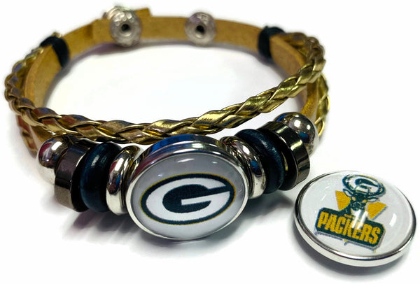 NFL Green Bay Packers Gold Leather Bracelet W/2 Football Logo Snap Jewelry Charms New Item