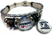 NFL Dallas Cowboys Girl Silver Leather Bracelet W/2 Logo Snap Jewelry Charms New Item