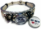 NFL Dallas Cowboys Girl Silver Leather Bracelet W/2 Logo Snap Jewelry Charms New Item