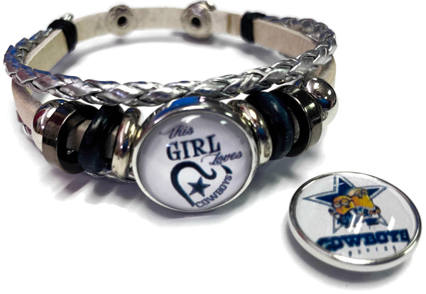 NFL Dallas Cowboys Minion Love Silver Leather Bracelet W/2 Logo Snap Jewelry Charms New Item