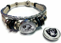 NFL Oakland Raiders Helmet Shield Silver Leather Bracelet W/2 Logo Snap Jewelry Charms New Item