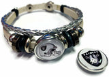 NFL Oakland Raiders Helmet Shield Silver Leather Bracelet W/2 Logo Snap Jewelry Charms New Item