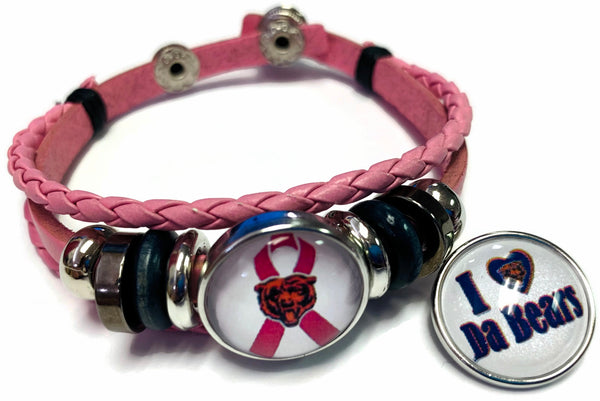 Breast Cancer Awareness NFL Chicago Bears Pink Leather Bracelet W/2 Snap Jewelry Charms New Item