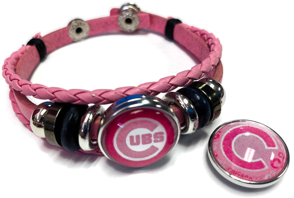 Breast Cancer Awareness MLB Chicago Cubs Pink Leather Bracelet W/2 Snap Jewelry Charms New Item