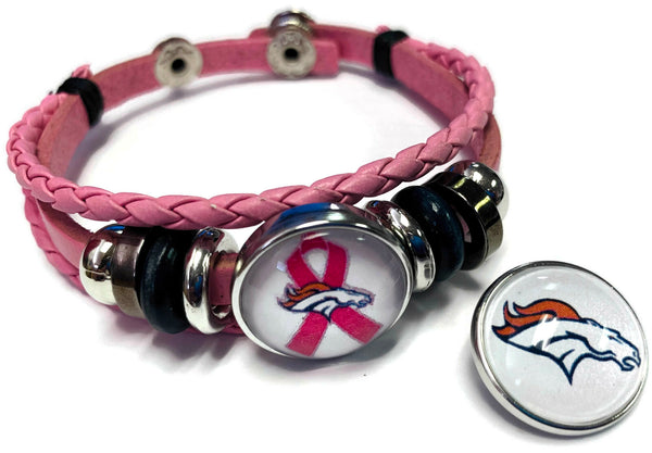 Breast Cancer Awareness NFL Denver Broncos Pink Leather Bracelet W/2 Snap Jewelry Charms New Item