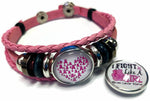 Breast Cancer Awareness Fight Heart Ribbon Pink Leather Bracelet W/2 Snap Jewelry Charms New Item