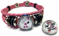 Breast Cancer Awareness Snoopy Survivor Pink Leather Bracelet W/2 Snap Jewelry Charms New Item
