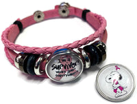 Breast Cancer Awareness Snoopy Survivor Pink Leather Bracelet W/2 Snap Jewelry Charms New Item