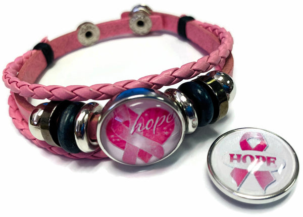 Breast Cancer Awareness Ribbon Hope Pink Leather Bracelet W/2 Snap Jewelry Charms New Item