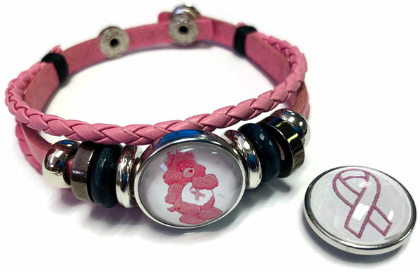 Care Bear Breast Cancer Awareness Ribbon Pink Leather Bracelet W/2 Snap Jewelry Charms New Item