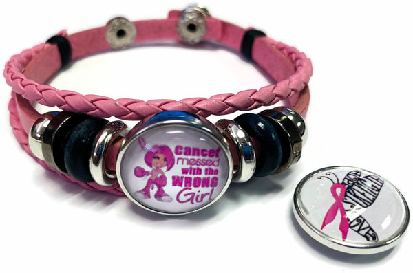 Breast Cancer Awareness Wrong Girl & Butterfly Pink Leather Bracelet W/2 Snap Jewelry Charms New Item
