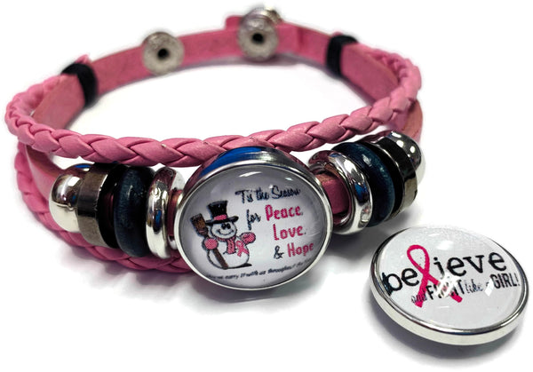 Tis The Season Breast Cancer Awareness Snaps On Pink Leather Bracelet W/2 Snap Jewelry Charms New Item