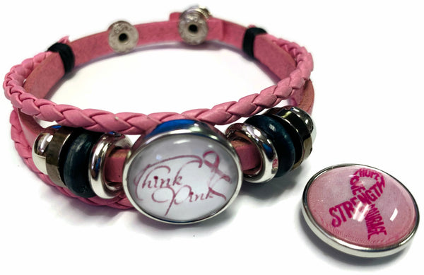 Think Pink Breast Cancer Awareness Snaps On Pink Leather Bracelet W/2 Snap Jewelry Charms New Item