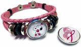 Butterfly & Snoopy Breast Cancer Awareness Snaps On Pink Leather Bracelet W/2 Snap Jewelry Charms New Item