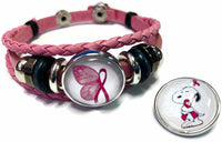 Butterfly & Snoopy Breast Cancer Awareness Snaps On Pink Leather Bracelet W/2 Snap Jewelry Charms New Item