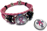 Angel Cross Breast Cancer Awareness Snaps On Pink Leather Bracelet W/2 Snap Jewelry Charms New Item