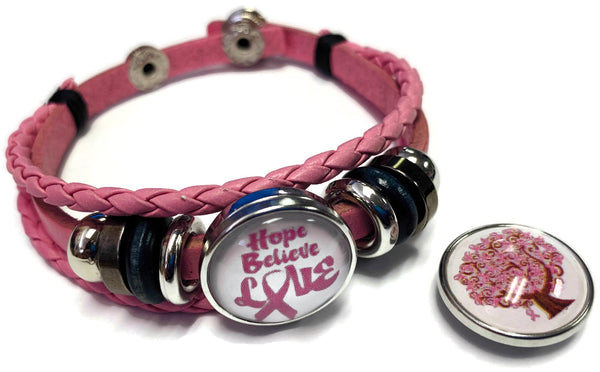 Tree Of Life Breast Cancer Awareness Snaps On Pink Leather Bracelet W/2 Snap Jewelry Charms New Item