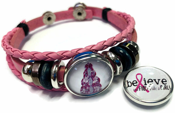 Breast Cancer Awareness Christmas Tree Believe Fight Pink Leather Bracelet W/2 Snap Jewelry Charms New Item