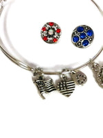 Patriotic USA Flag/Heart Fashion Snap Jewelry Bangle Bracelet Set Plus 3 Mini Charms