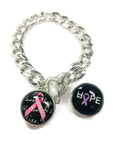 Hope for Cancer Pink Ribbon and Purple Ribbon Charms on a Metal Bracelet Set With 2 Charms