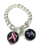 Hope for Cancer Pink Ribbon and Purple Ribbon Charms on a Metal Bracelet Set With 2 Charms