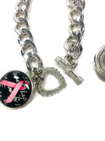 Hope for Cancer Pink Ribbon and Purple Ribbon Charms on a Metal Bracelet Set With 2 Charms